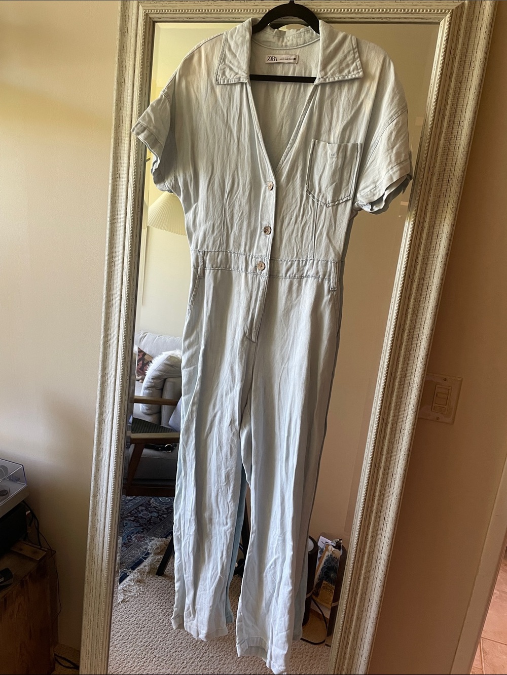 Light Blue Denim Button-Front Jumpsuit